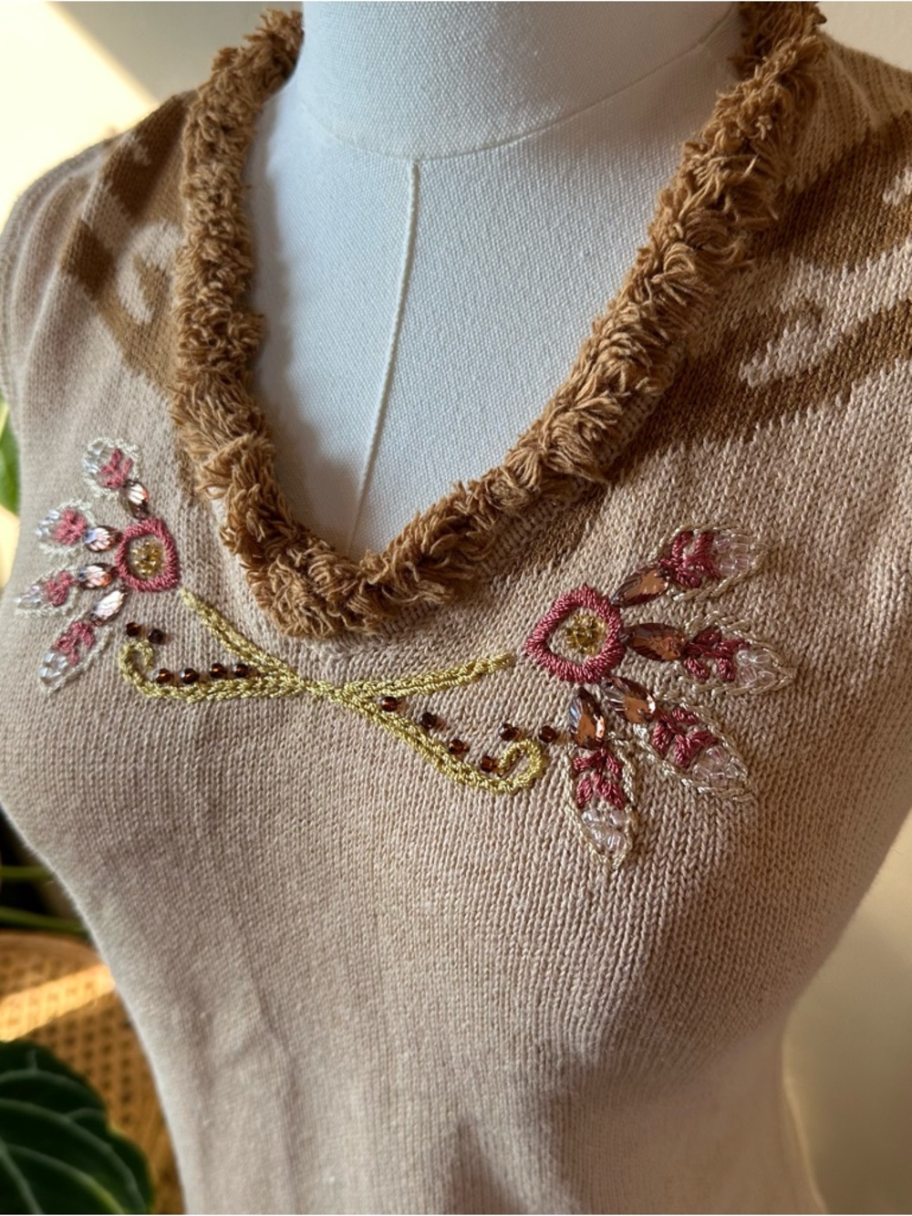 Storybook Knits Camel V-Neck Sweater with Pink Floral Embroidery